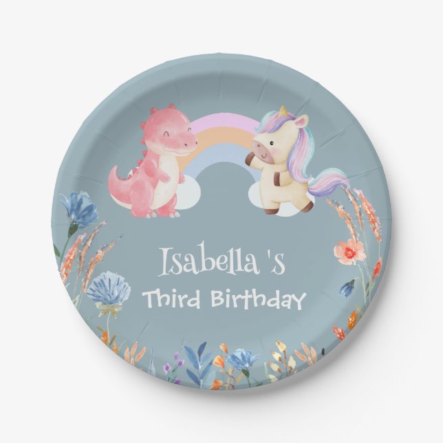 Cute Dinosaur Unicorn rainbow Flower birthday girl Paper Plates (Front)