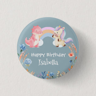 Cute Dinosaur Unicorn rainbow Flower birthday kids Button