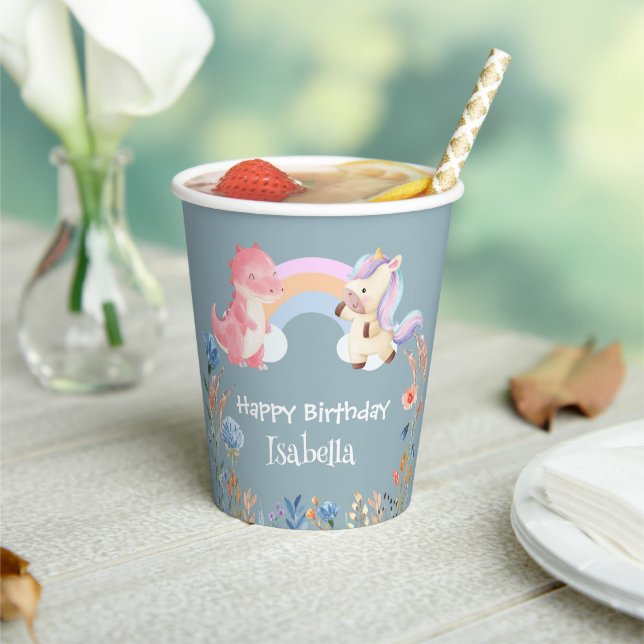 Cute Dinosaur Unicorn rainbow Flower birthday kids Paper Cups (Insitu)