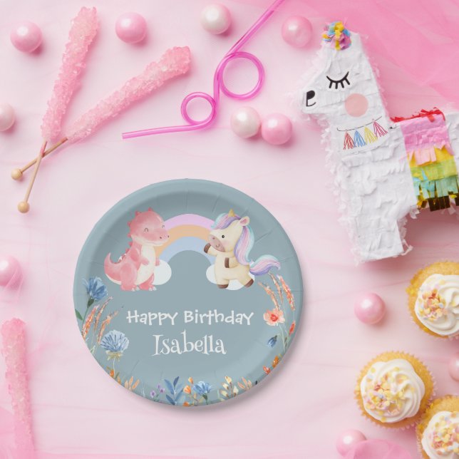 Cute Dinosaur Unicorn rainbow Flower birthday kids Paper Plates (Party)