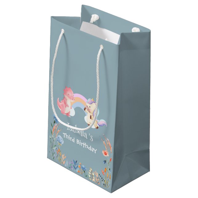 Cute Dinosaur Unicorn rainbow Flower birthday kids Small Gift Bag (Back Angled)