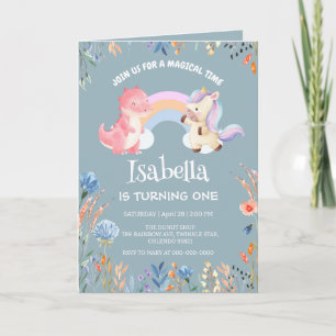 Cute Dinosaur Unicorn rainbow Flower birthday name Invitation