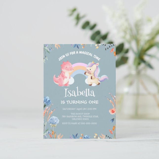 Cute Dinosaur Unicorn rainbow Flower birthday name Invitation Postcard (Standing Front)