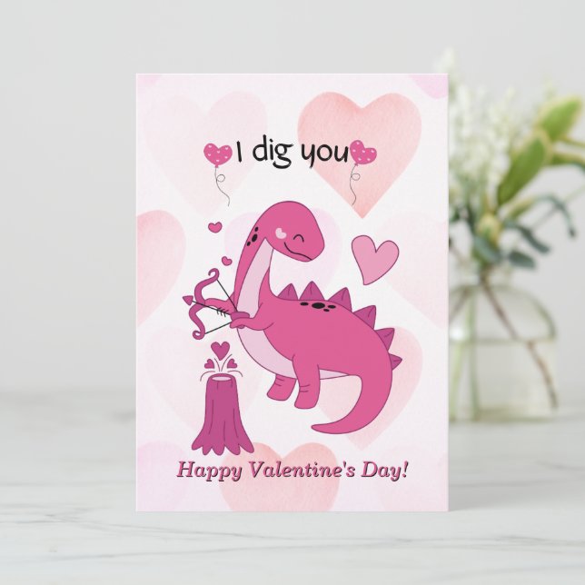 Cute Dinosaur Valentines Day Card for Kids (Standing Front)