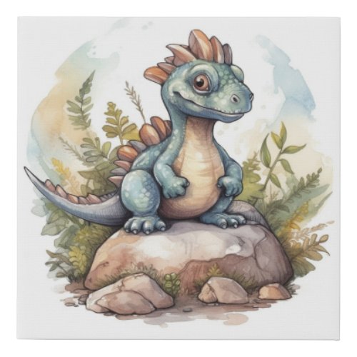 Cute Dinosaur Watercolor Art Faux Canvas Print