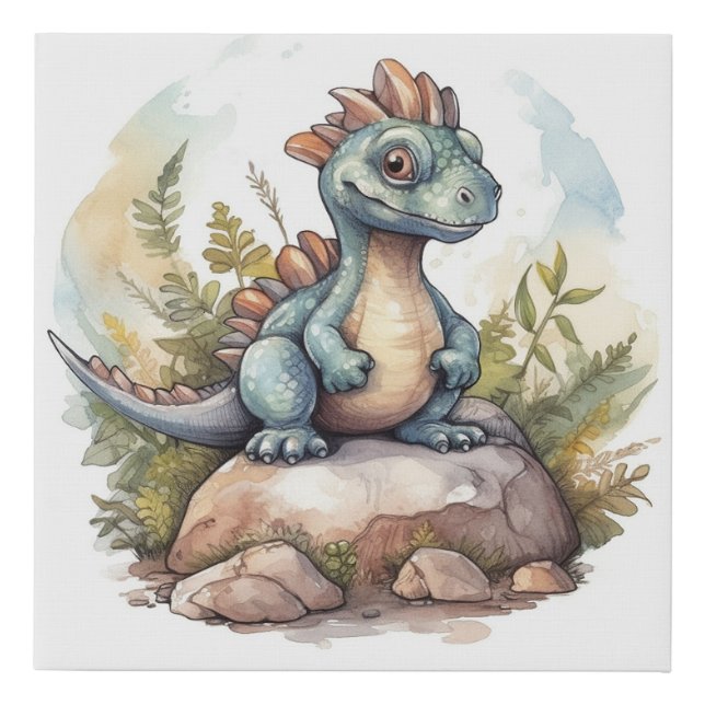 Cute Dinosaur Watercolor Art Faux Canvas Print (Front)