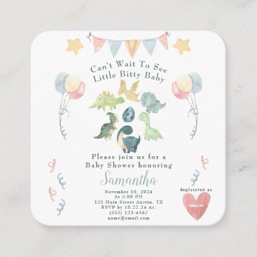 Cute Dinosaur Watercolor Baby Shower Blue Details Enclosure Card