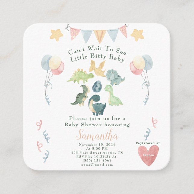 Cute Dinosaur Watercolor Baby Shower Details Enclosure Card (Front)