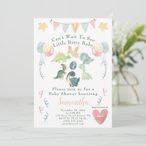 Cute Dinosaur Watercolor Baby Shower Invitation