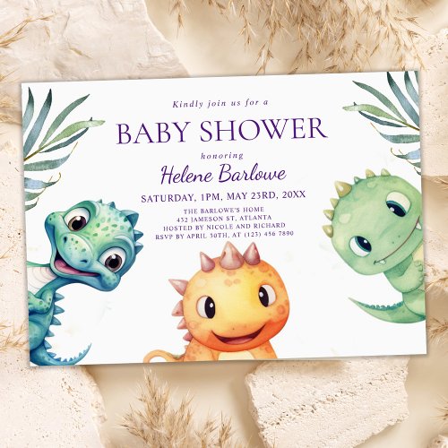 Cute Dinosaur Watercolor Baby Shower Invitation