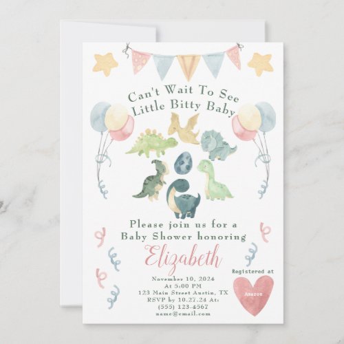 Cute Dinosaur Watercolor Baby Shower Invitation