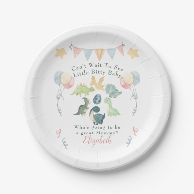 Cute Dinosaur Watercolor Baby Shower Paper Plates (Front)