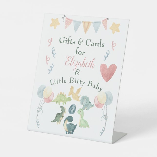 Cute Dinosaur Watercolor Baby Shower Pink Pedestal Sign (Front)