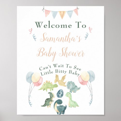 Cute Dinosaur Watercolor Baby Shower Welcome Poster