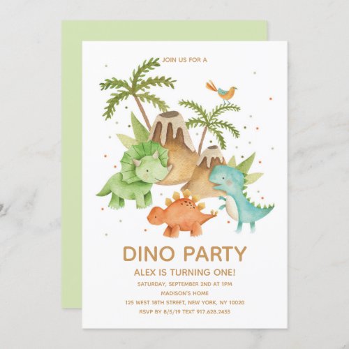 Cute  Dinosaur Watercolor Birthday Party  Invitation