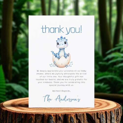 Cute Dinosaur Watercolor Blue Baby Shower Thank You Card by Pretty Girly Designs