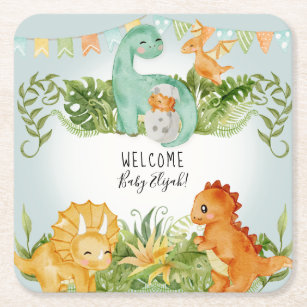 Cute Dinosaur Watercolor Foliage Baby Boy Shower Square Paper Coaster