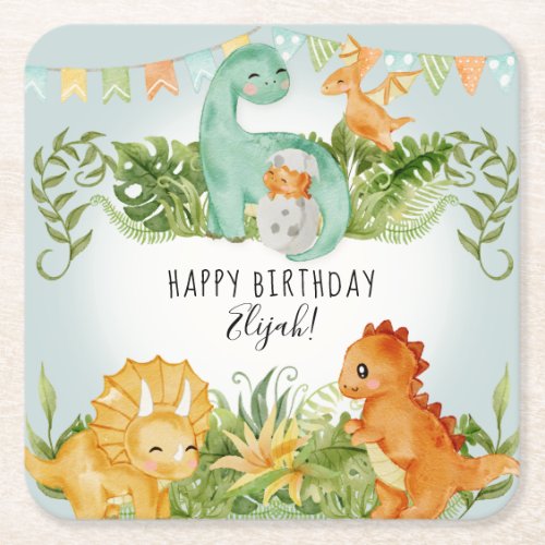 Cute Dinosaur Watercolor Foliage Birthday Party Square Paper Coaster