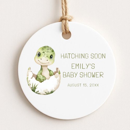 Cute Dinosaur Watercolor Hatching Soon Baby Shower Favor Tags by Pretty Girly Designs