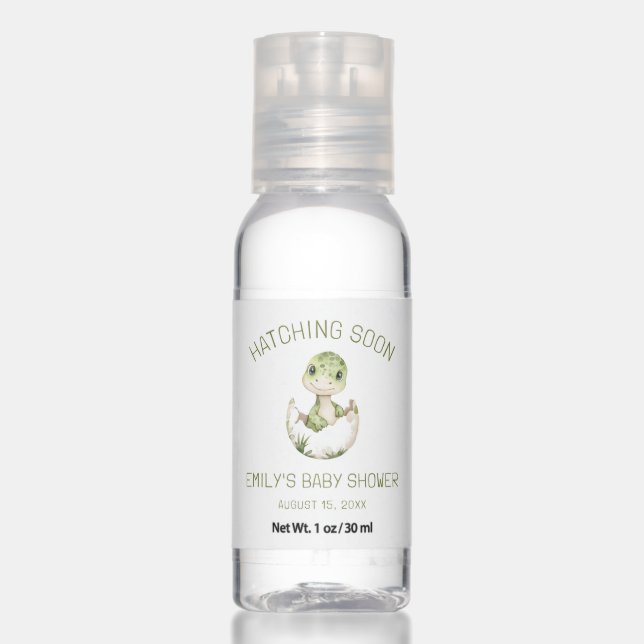 Cute Dinosaur Watercolor Hatching Soon Baby Shower Hand Sanitizer (Front)