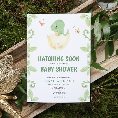 Cute Dinosaur Watercolor Hatching Soon Baby Shower Invitation