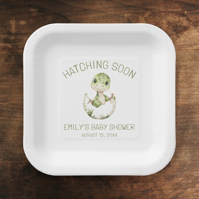 Cute Dinosaur Watercolor Hatching Soon Baby Shower Paper Plates (Creator Uploaded)