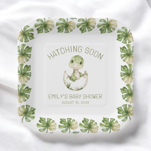 Cute Dinosaur Watercolor Hatching Soon Baby Shower Paper Plates by Pretty Girly Designs