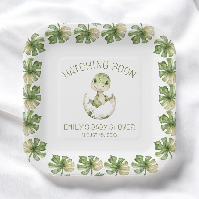 Cute Dinosaur Watercolor Hatching Soon Baby Shower Paper Plates (Creator Uploaded)