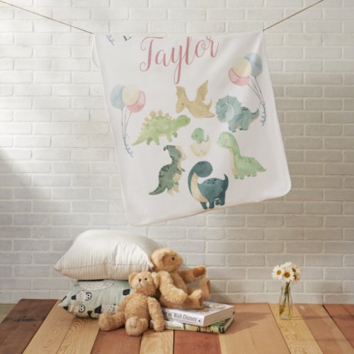 Cute Dinosaur Watercolor Personalized Baby Blanket