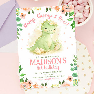 Cute Dinosaur Watercolor Pink Floral Birthday Invitation