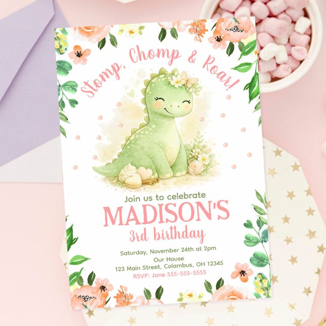 Cute Dinosaur Watercolor Pink Floral Birthday  Invitation (Creator Uploaded)