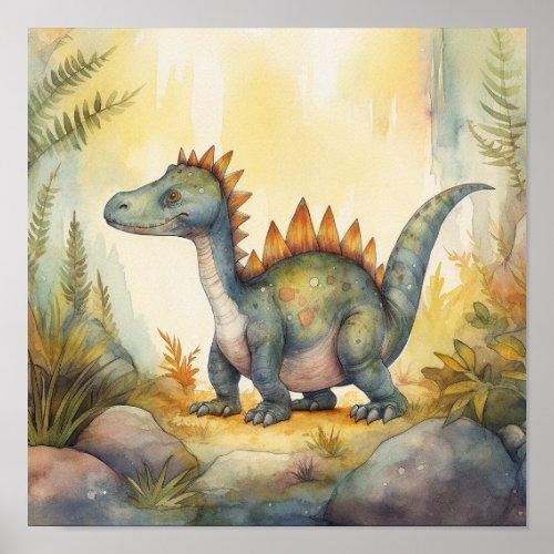 Cute Dinosaur Watercolor Storybook Illustration Poster