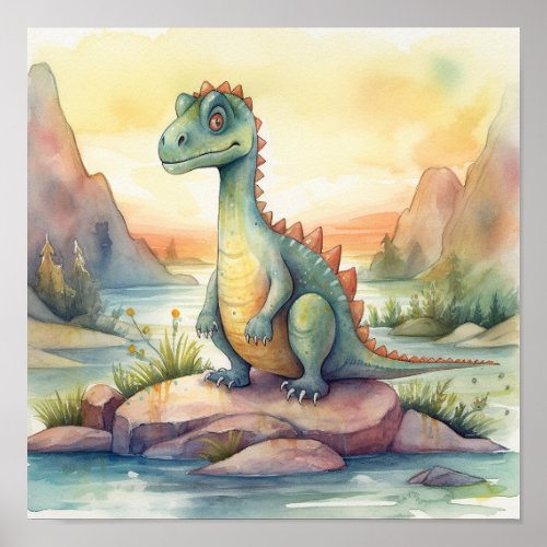 Cute Dinosaur Watercolor Storybook Illustration Poster