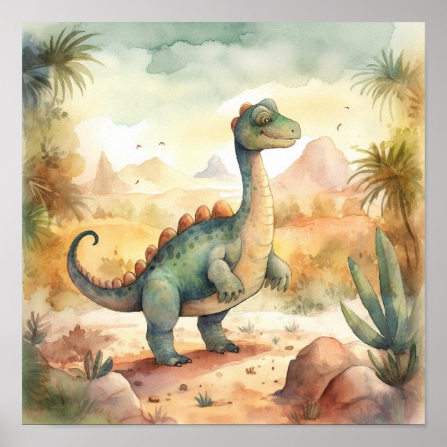 Cute Dinosaur Watercolor Storybook Illustration Poster (Front)