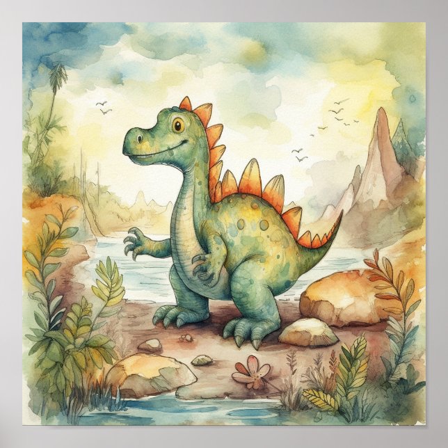Cute Dinosaur Watercolor Storybook Illustration Poster (Front)