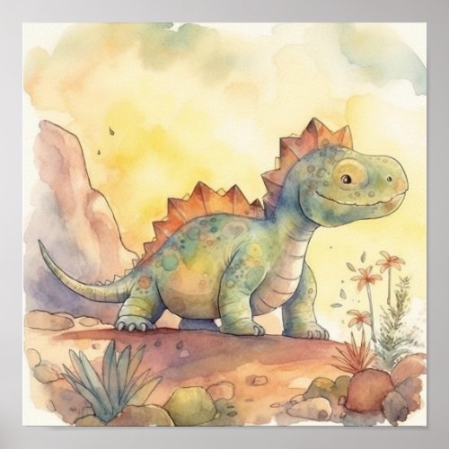 Cute Dinosaur Watercolor Storybook Illustration Poster