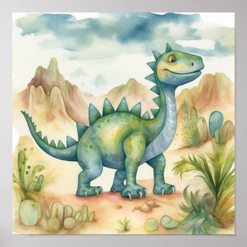 Cute Dinosaur Watercolor Storybook Illustration Poster