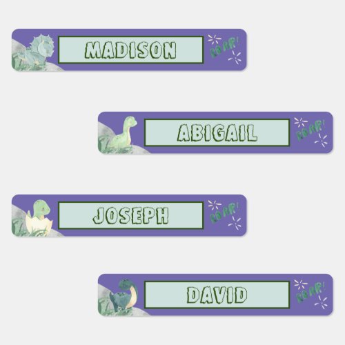 Cute Dinosaur Waterproof Name Set 2 Light Purple Labels