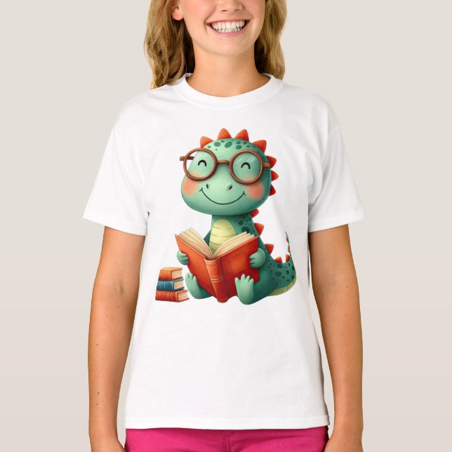 Cute Dinosaur Wearing Glasses Books Back to School T-Shirt (Front)