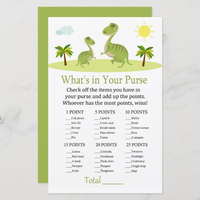 Cute Dinosaur What's in your purse game babyshower (Front/Back)