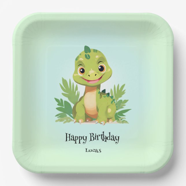 Cute dinosaur wild jungle zoo Birthday party boys Paper Plates (Front)