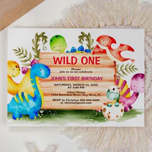 Cute Dinosaur Wild One 1st Birthday Invitation