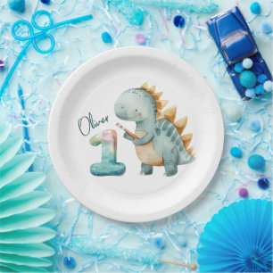 Cute dinosaur with a brush 1st Birthday Paper Plates