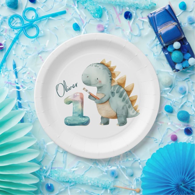 Cute dinosaur with a brush 1st Birthday Paper Plates (Party)