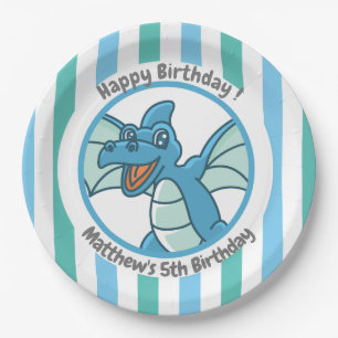 Cute Dinosaur with Blue Green Stripes Paper Plates