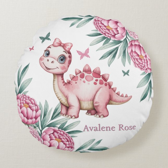 Cute Dinosaur with Butterflies Baby Shower Gift Round Pillow (Front)
