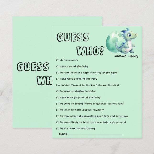 Cute Dinosaur with Egg Baby Shower Guess Who Game (Front/Back)