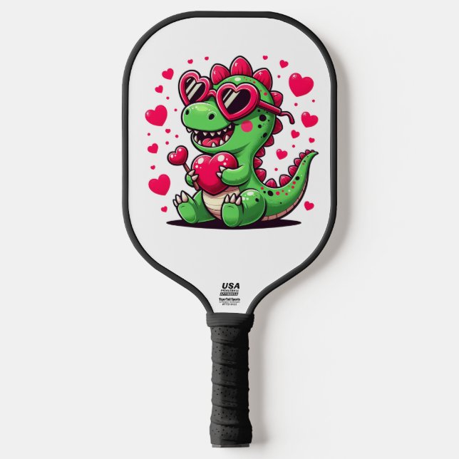 Cute Dinosaur with Heart Sunglasses and Valentine  Pickleball Paddle (Front)