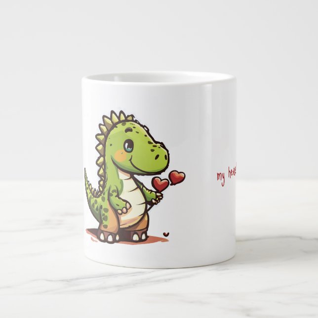 Cute Dinosaur with Hearts Giant Coffee Mug (Front)