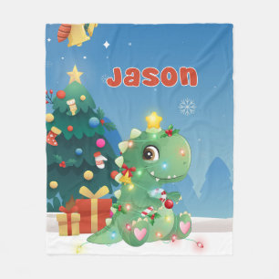 Cute Dinosaur with Lights & Custom Name Fleece Blanket
